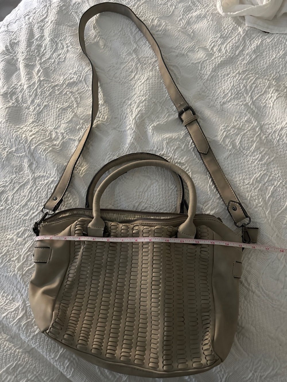 Neutral Taupe Textured Satchel with Adjustable Shoulder Strap